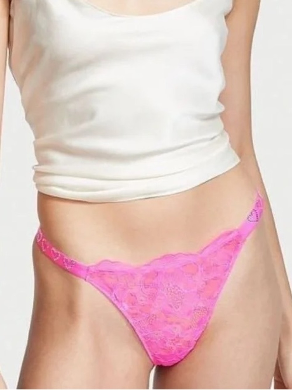 HOT PINK Heart Victoria Secret Bombshell SHINE Strap Floral LACE BRAZILIAN Panty